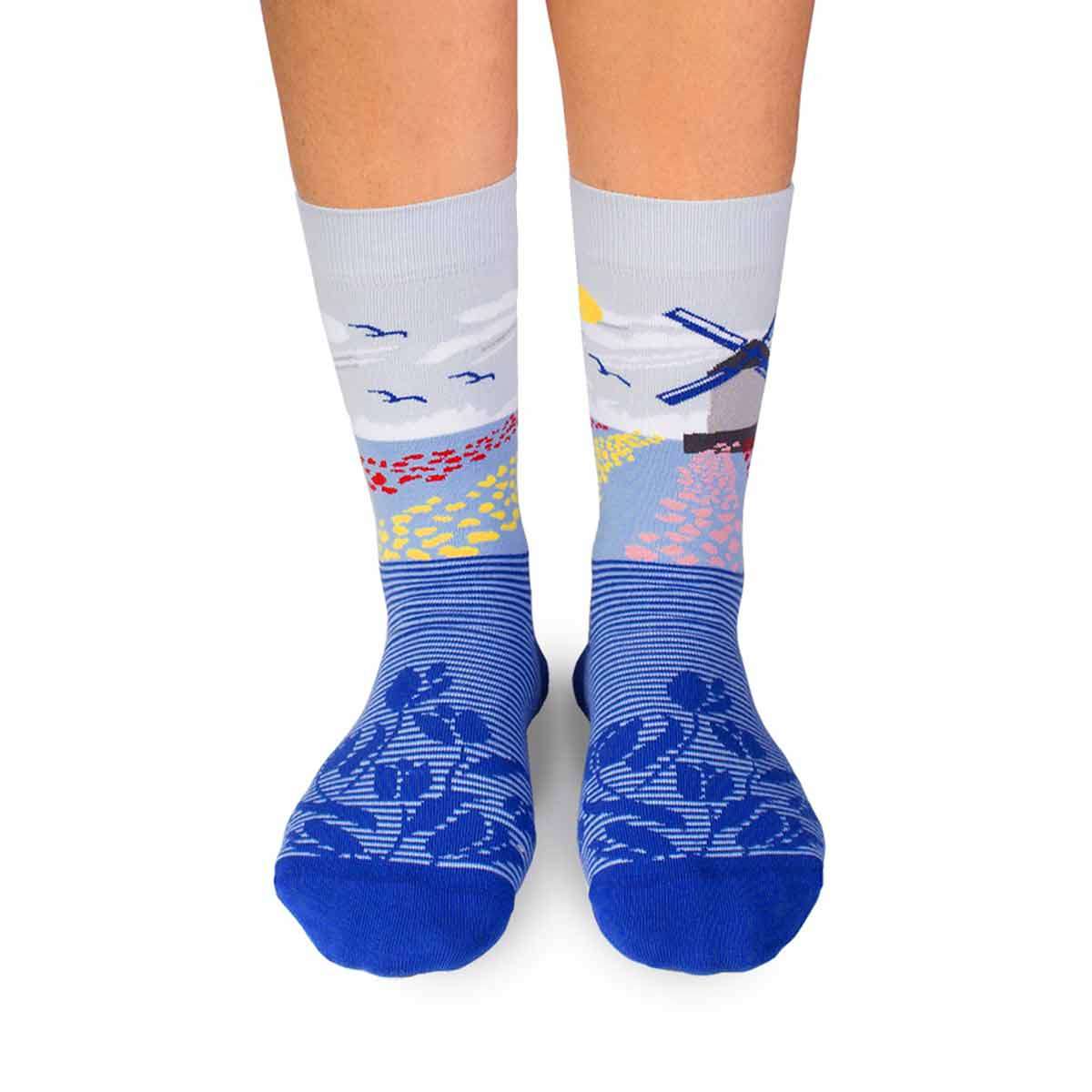 Arty socks with Tulips and Mills - Blue