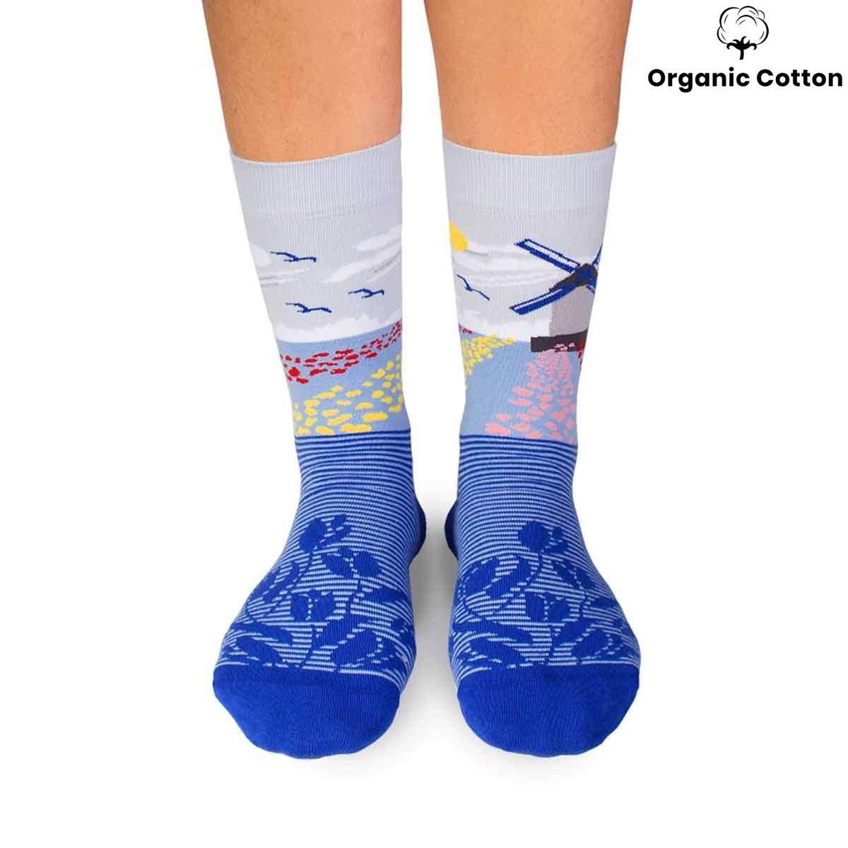 Tulips Windmill Blue Novelty Socks Organic Cotton - SocksFusion