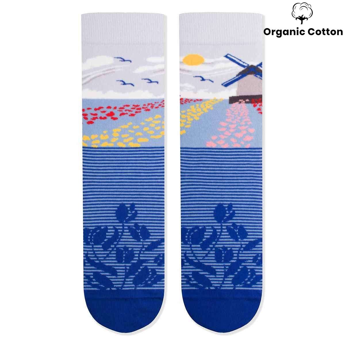 Tulips Windmill Blue Novelty Socks Organic Cotton - SocksFusion