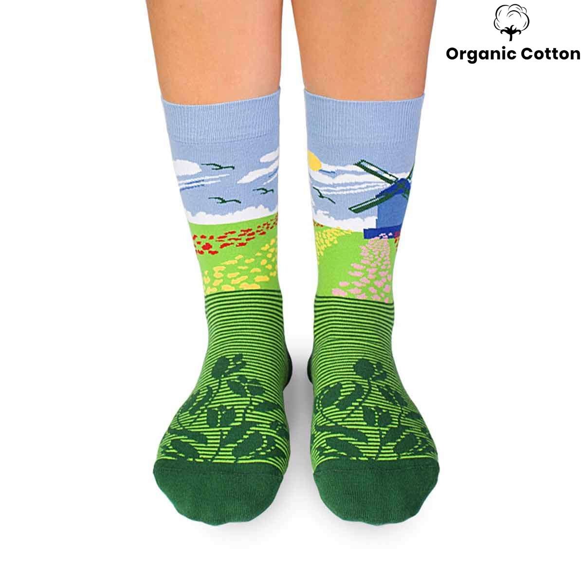 Tulips Windmill Green Novelty Socks Organic Cotton - SocksFusion