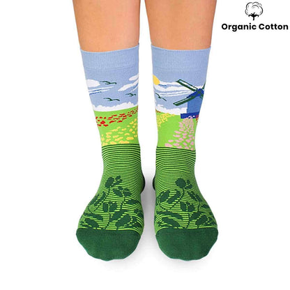Tulips Windmill Green Novelty Socks Organic Cotton - SocksFusion