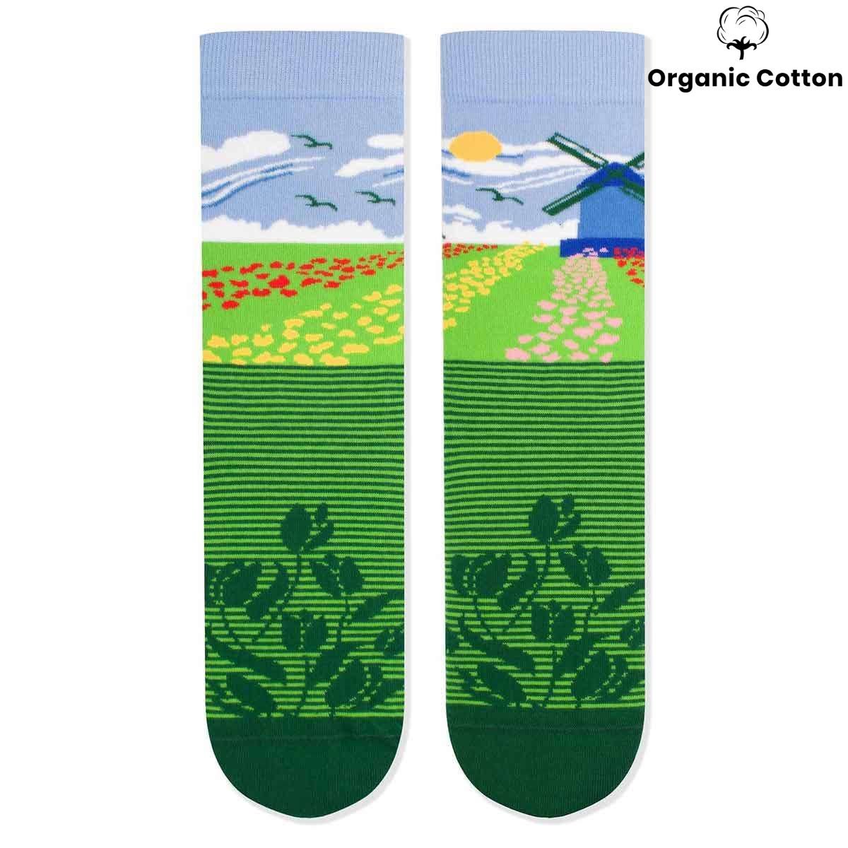 Tulips Windmill Green Novelty Socks Organic Cotton - SocksFusion
