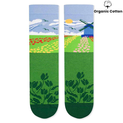 Tulips Windmill Green Novelty Socks Organic Cotton - SocksFusion